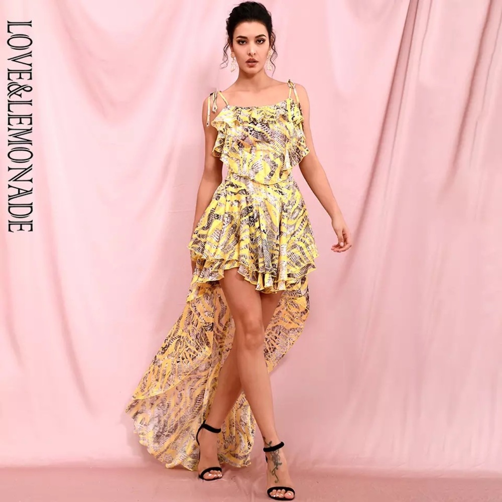 Love & Lemonade Yellow Snakeskin High Low Chiffon Ruffle Trim Dress Small NWT